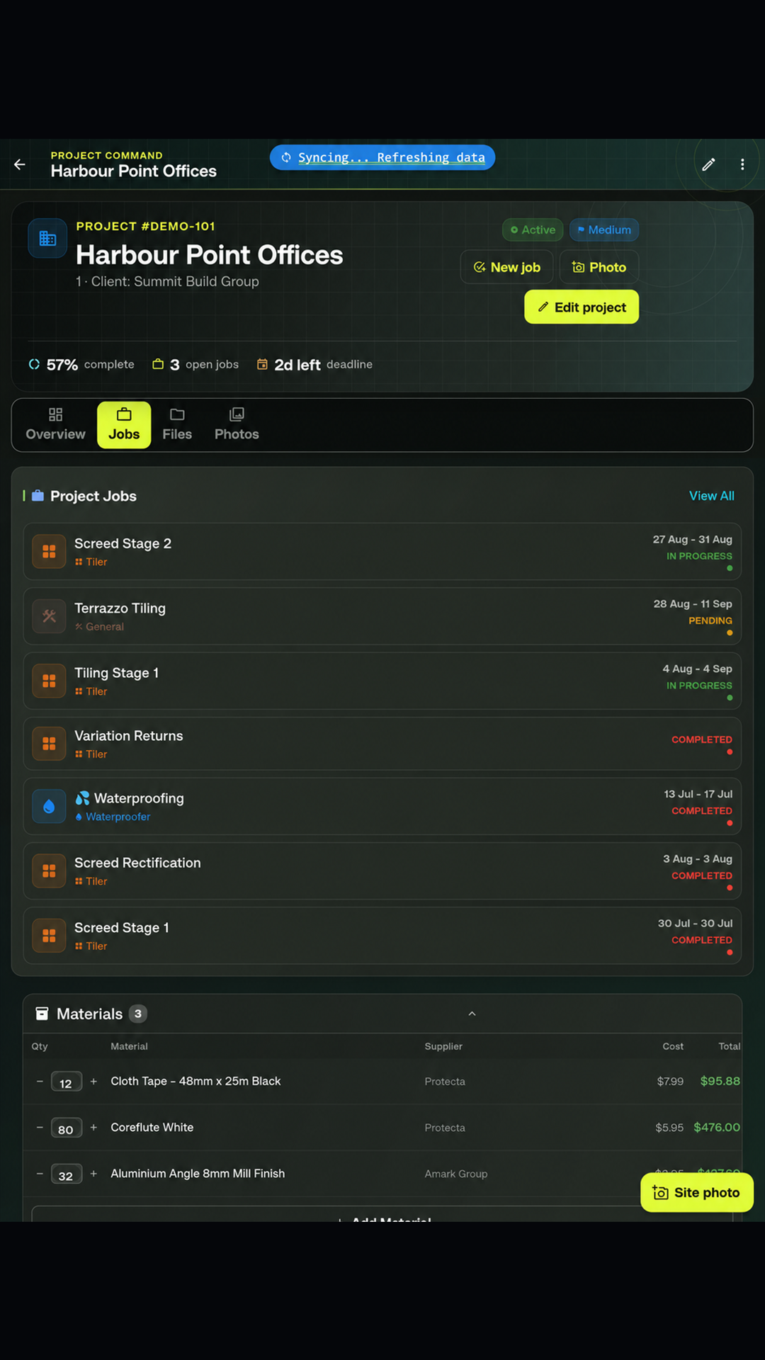 Project command workspace with jobs, files and photos in the current interface