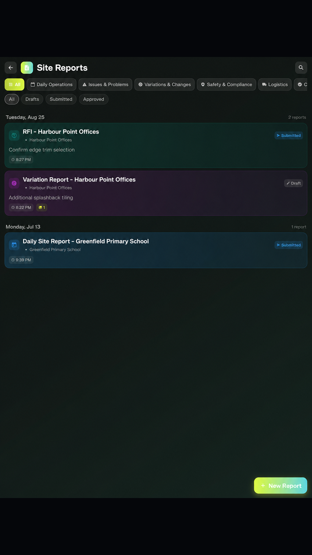 Site reports organised in the current SCSK interface